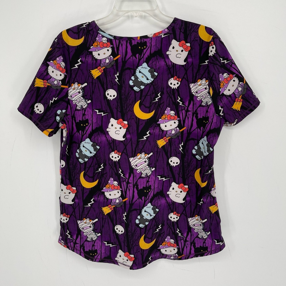 Hello Kitty Women's Purple Halloween Spooky Stretch Nurse Scrub Top Size M - Picture 2 of 6